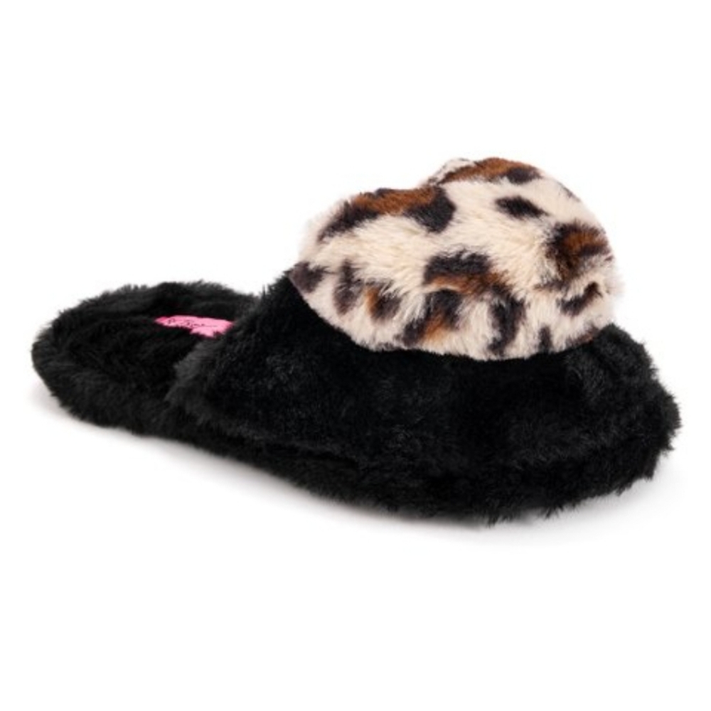 Betsey Johnson Fuzzy Black Heart Slipper